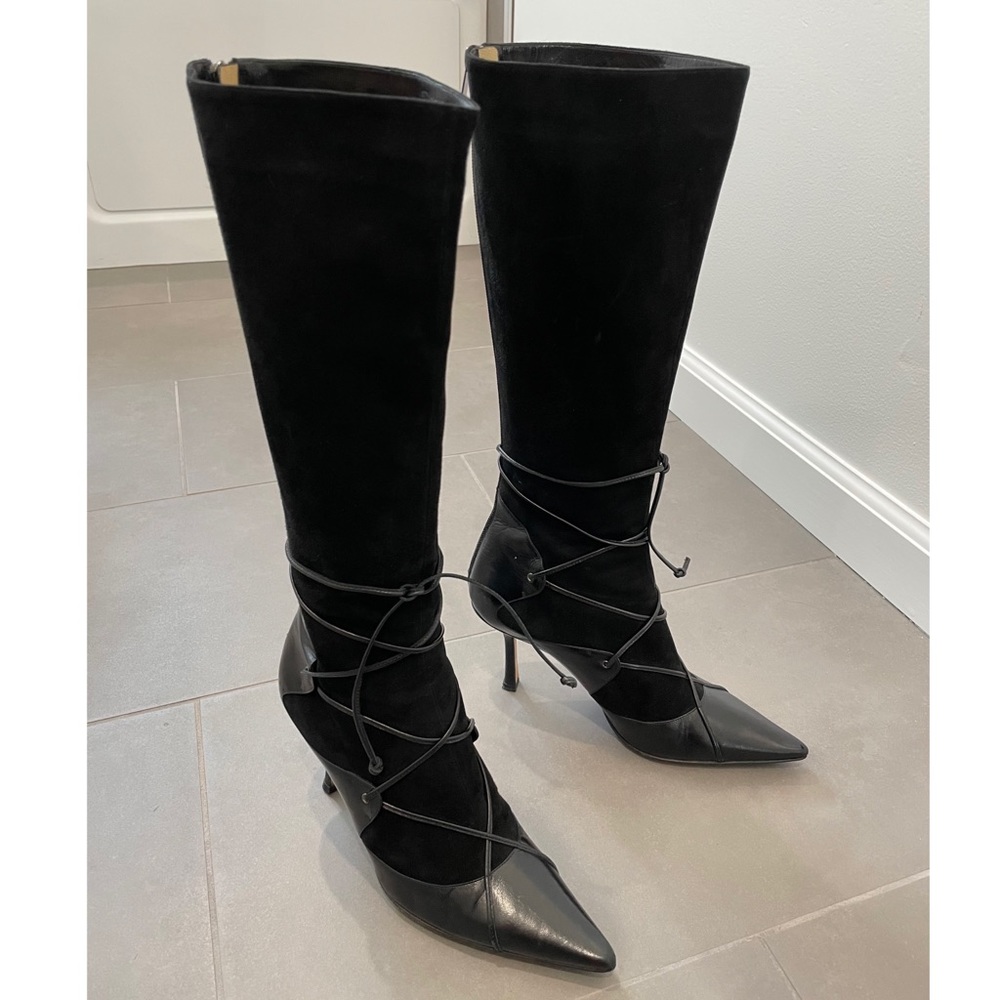 Jimmy Choo Tall Black Leather Tie Lace Knee Boots
